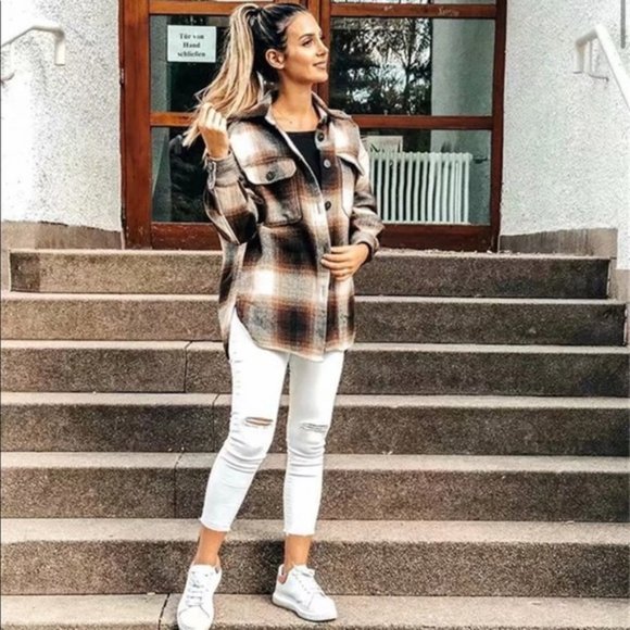 Boyfriend Fit Plaid Jacket Coat Brown Trucker - Picture 7 of 16